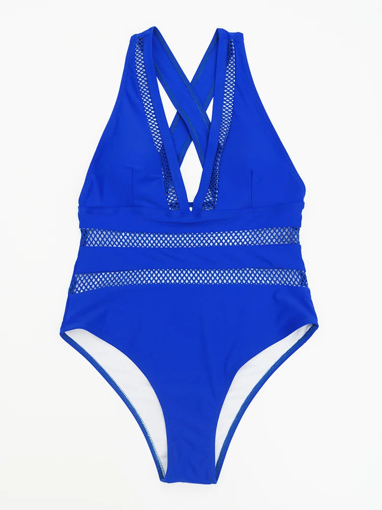 "Sexy Mesh Patchwork One-Piece Swimsuit – Deep V-Neck Monokini"