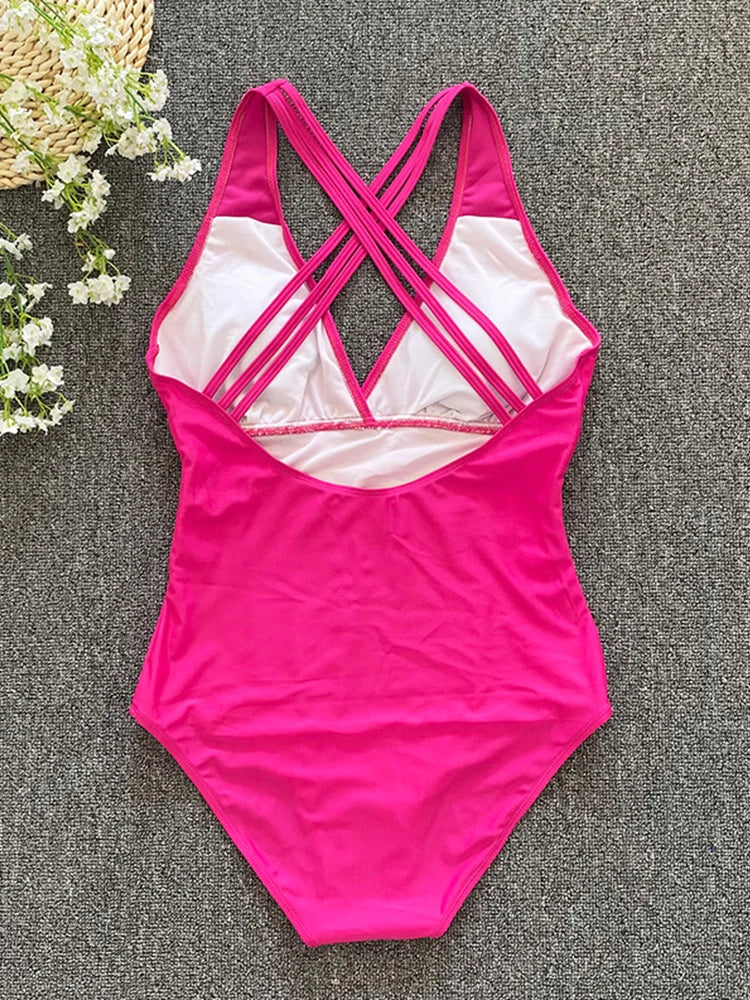 Sexy Cross Bandage One-Piece Swimsuit – Backless & Push-Up Swimwear