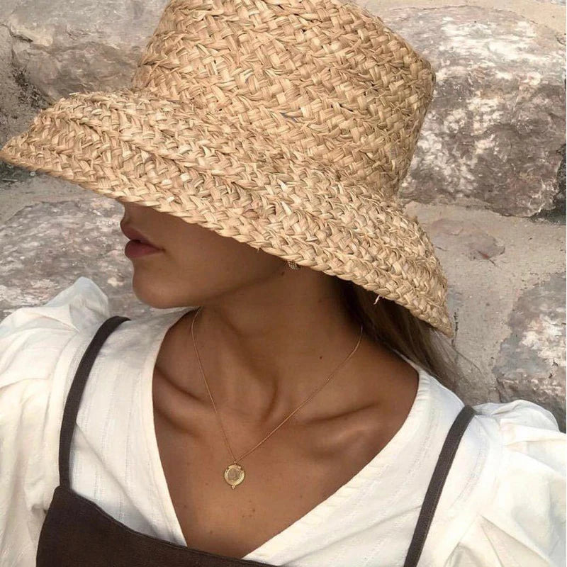 Fashion Women Wide Brim Raffia Hat – Elegant Sun Protection for Summer