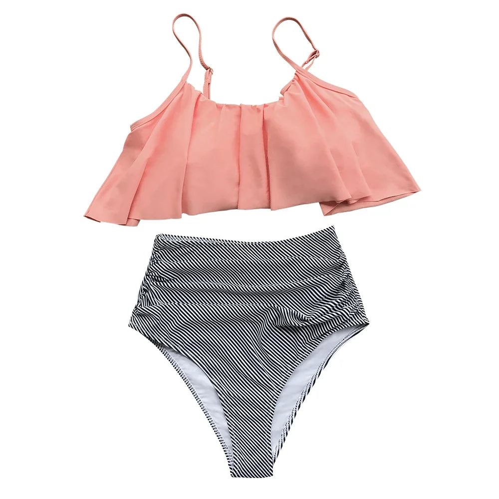 "High-Waist Bikini Set | Pink & Striped Two-Piece Swimwear"