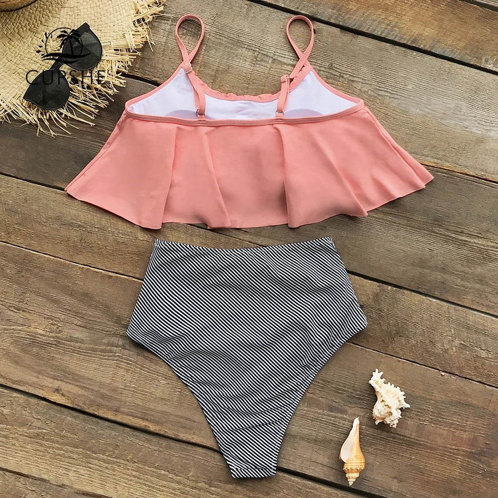 "High-Waist Bikini Set | Pink & Striped Two-Piece Swimwear"