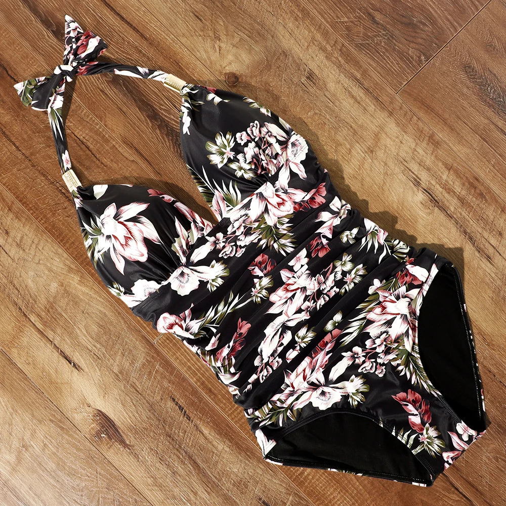 "High-Waist Tankini Bodysuit – Push-Up Halter Swimsuit"