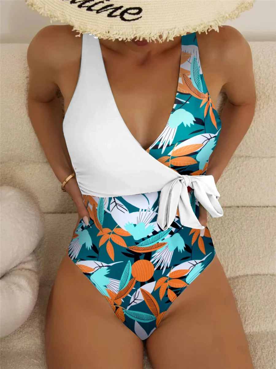 "High-Waist Belted Swimsuit | Tropical Print One-Piece"