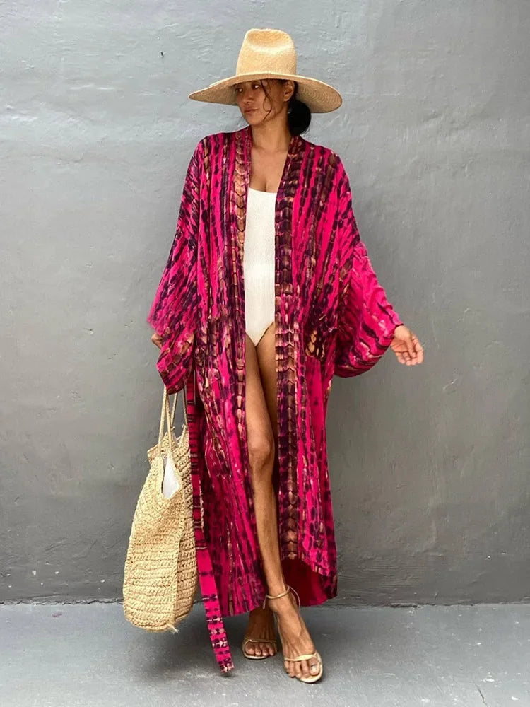 Boho Stripe Belted Kimono – Sarong Tunic Beach Cover-Up