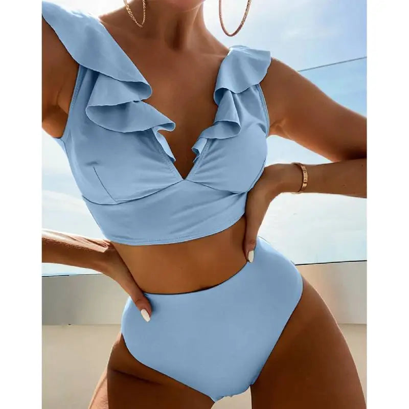 "Elegant Ruffle Bikini | High-Waist Two-Piece Swimwear"