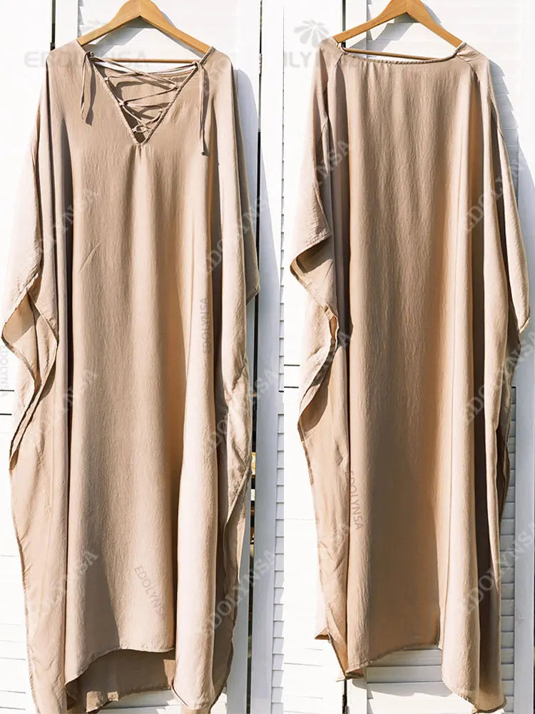 Elegant Gold Kaftan Dress – Long Beach Cover-Up with V-Neck