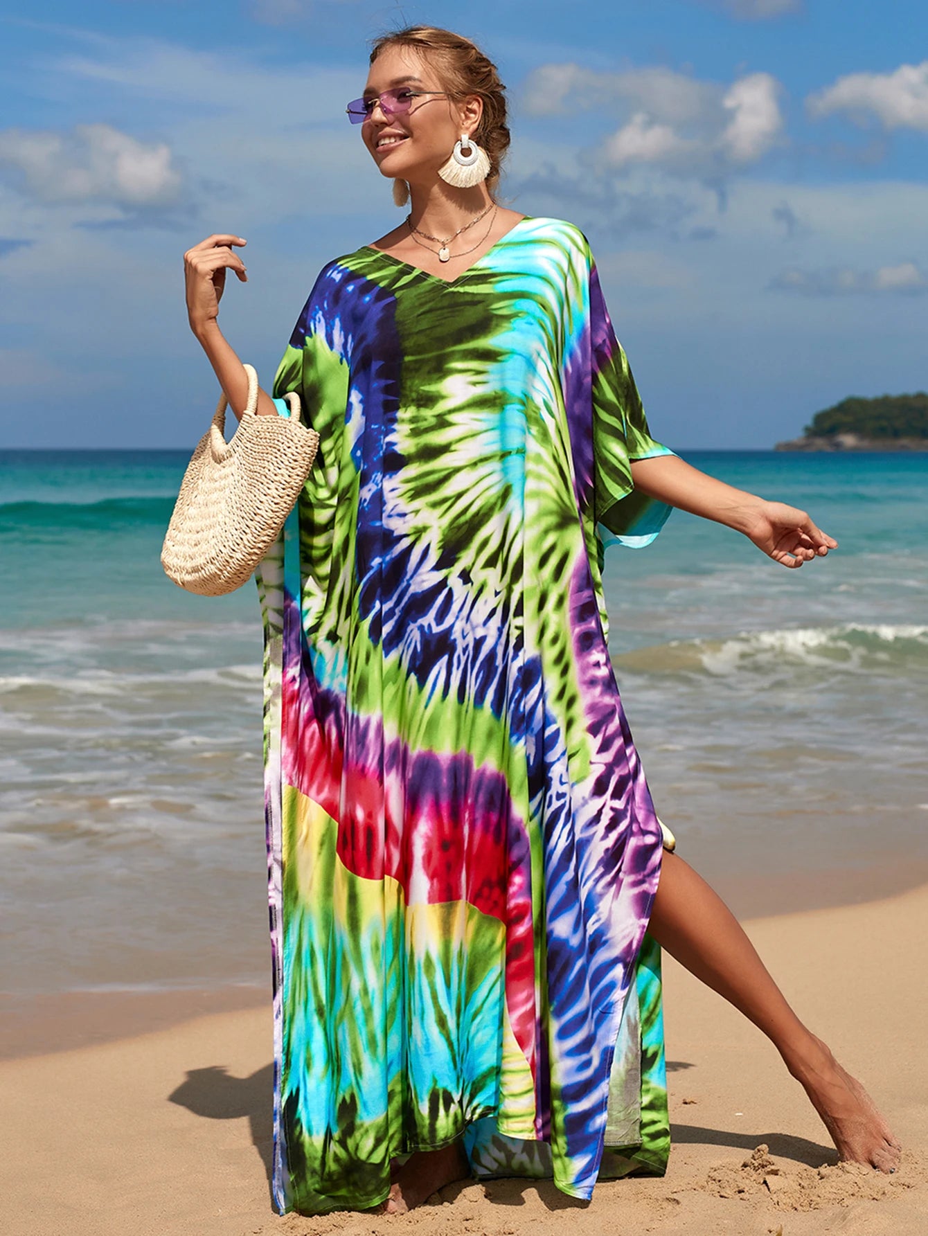 Boho Summer Beach Kaftan Dress – Flowy Printed Maxi Cover-Up