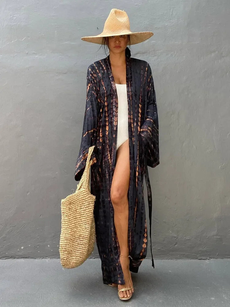 Boho Stripe Belted Kimono – Sarong Tunic Beach Cover-Up