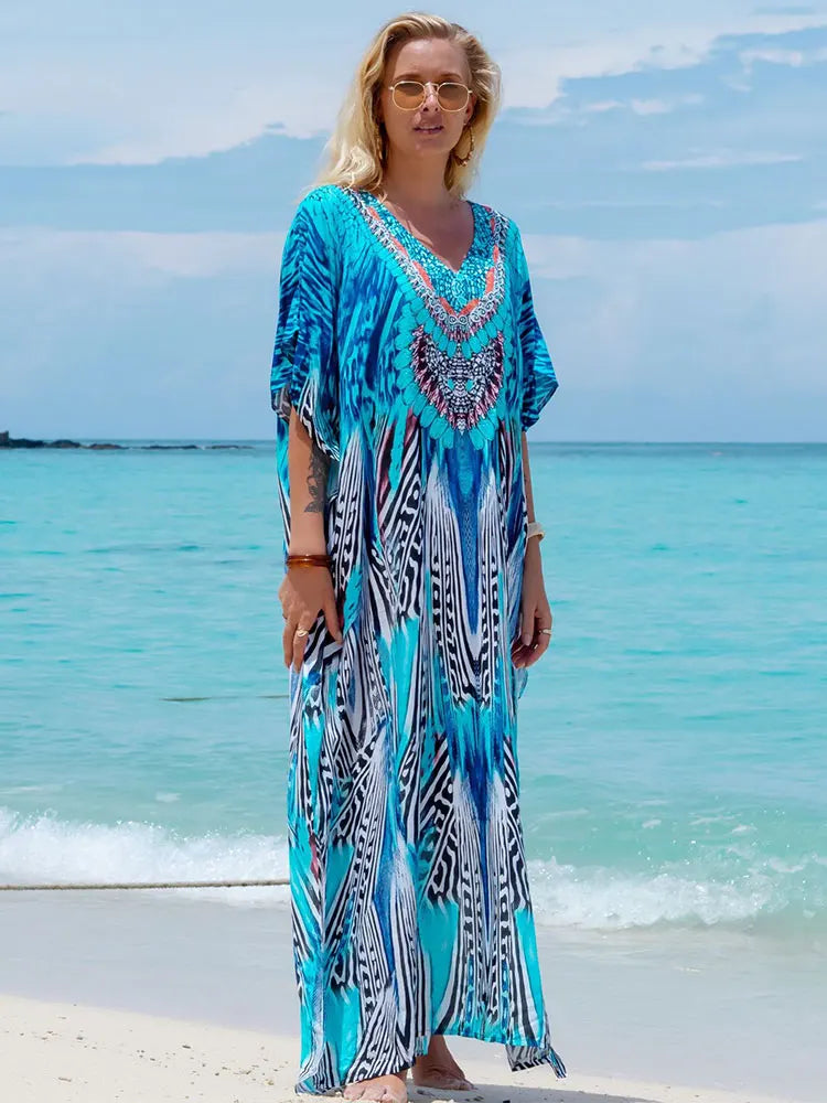 Seaside Plus Size Print Kaftan Maxi Dress – Effortless Beach Elegance