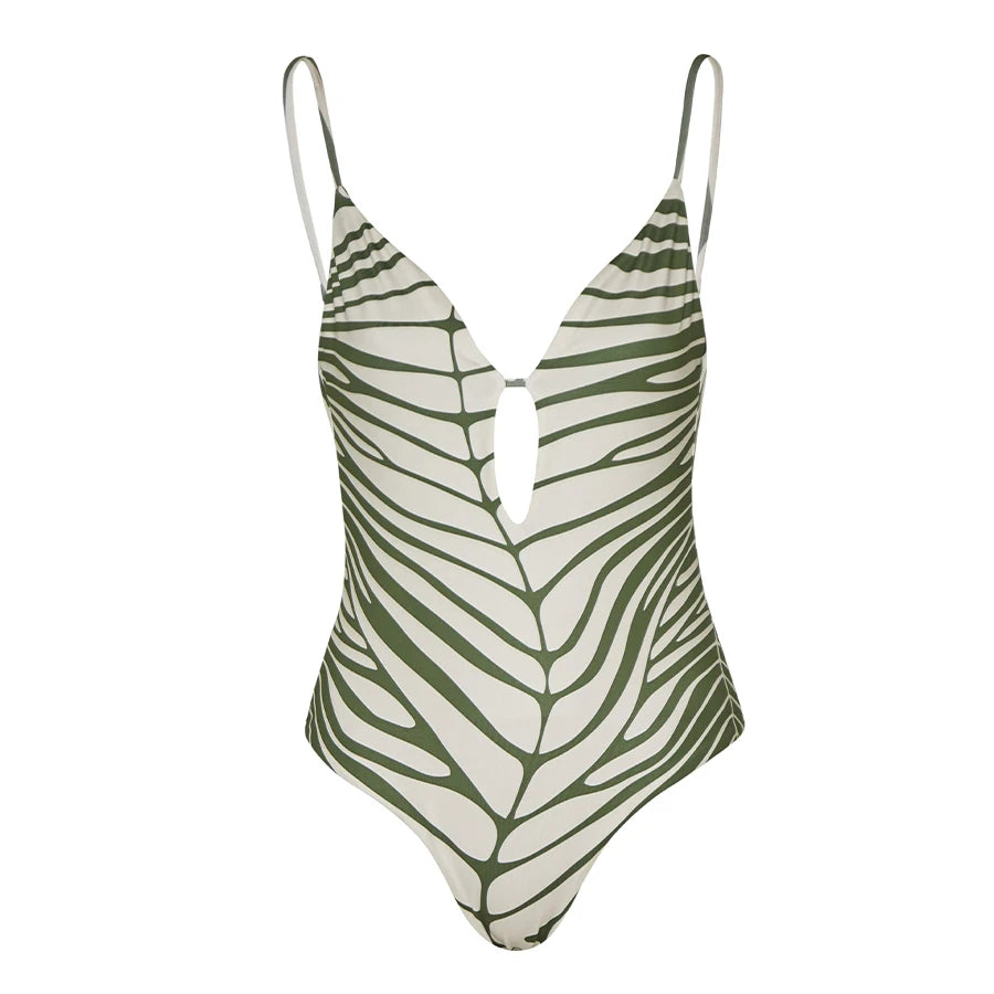 Vintage V Neck Botanical Print Swimsuit | One-Piece Summer Swimwear for Women