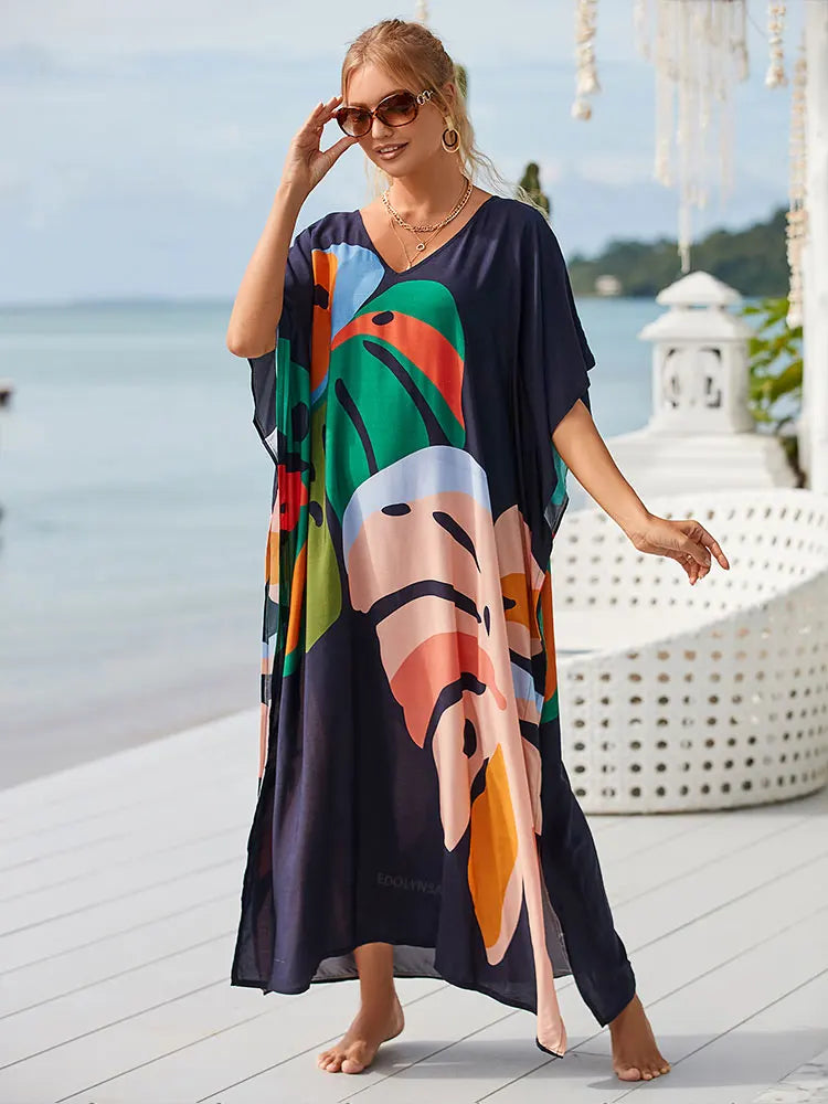 Boho Printed Kaftan Maxi Dress – Flowy V-Neck Cover-Up