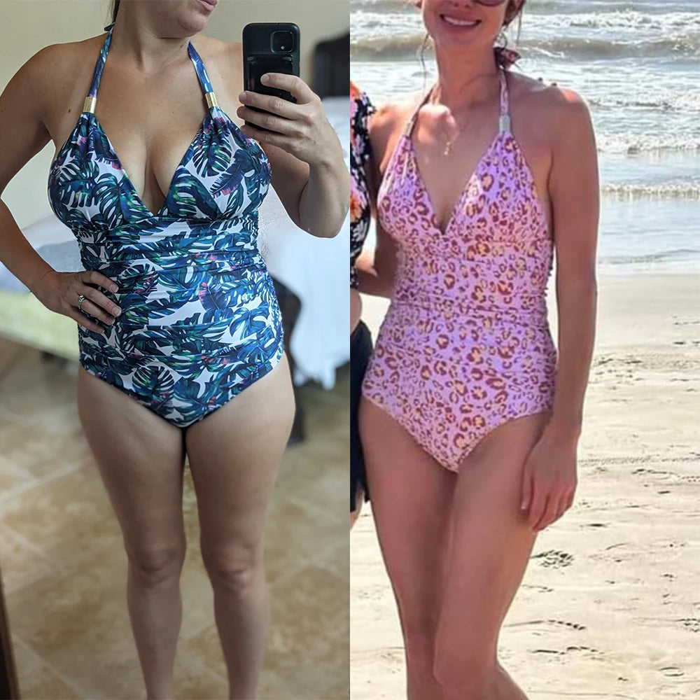 "High-Waist Tankini Bodysuit – Push-Up Halter Swimsuit"