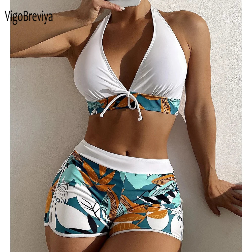 "Printed Halter Bikini Set – High-Waist & Push-Up Swimwear"