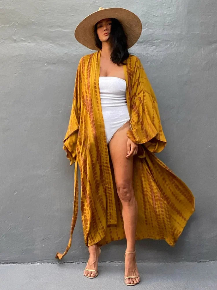 Boho Stripe Belted Kimono – Sarong Tunic Beach Cover-Up