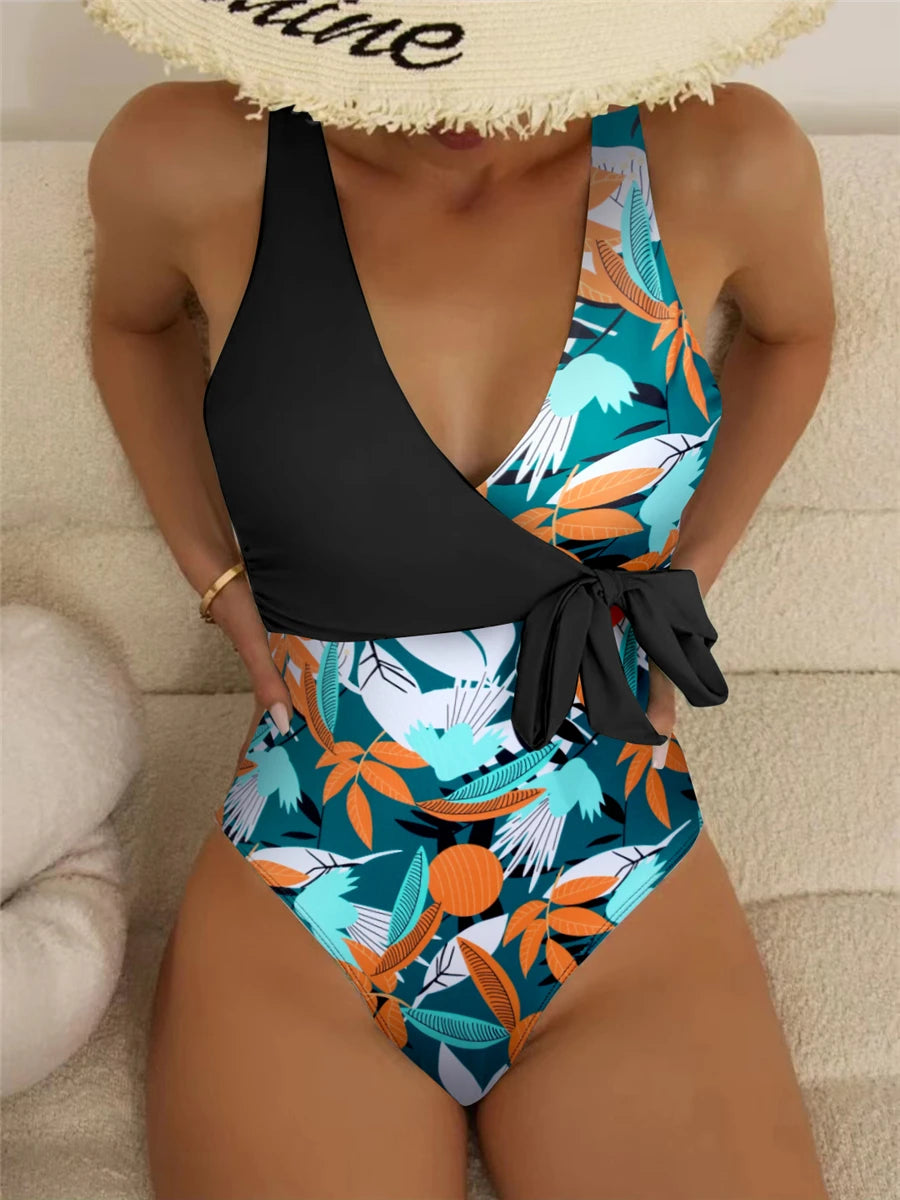 "High-Waist Belted Swimsuit | Tropical Print One-Piece"