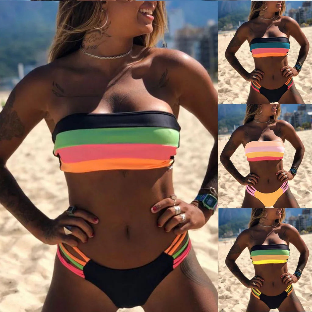 "Colorful Striped Bikini Set | Trendy Push-Up Swimwear"