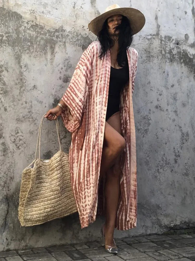 Boho Stripe Belted Kimono – Sarong Tunic Beach Cover-Up