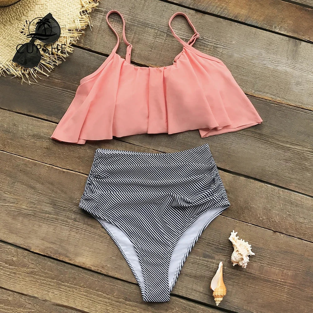 "High-Waist Bikini Set | Pink & Striped Two-Piece Swimwear"