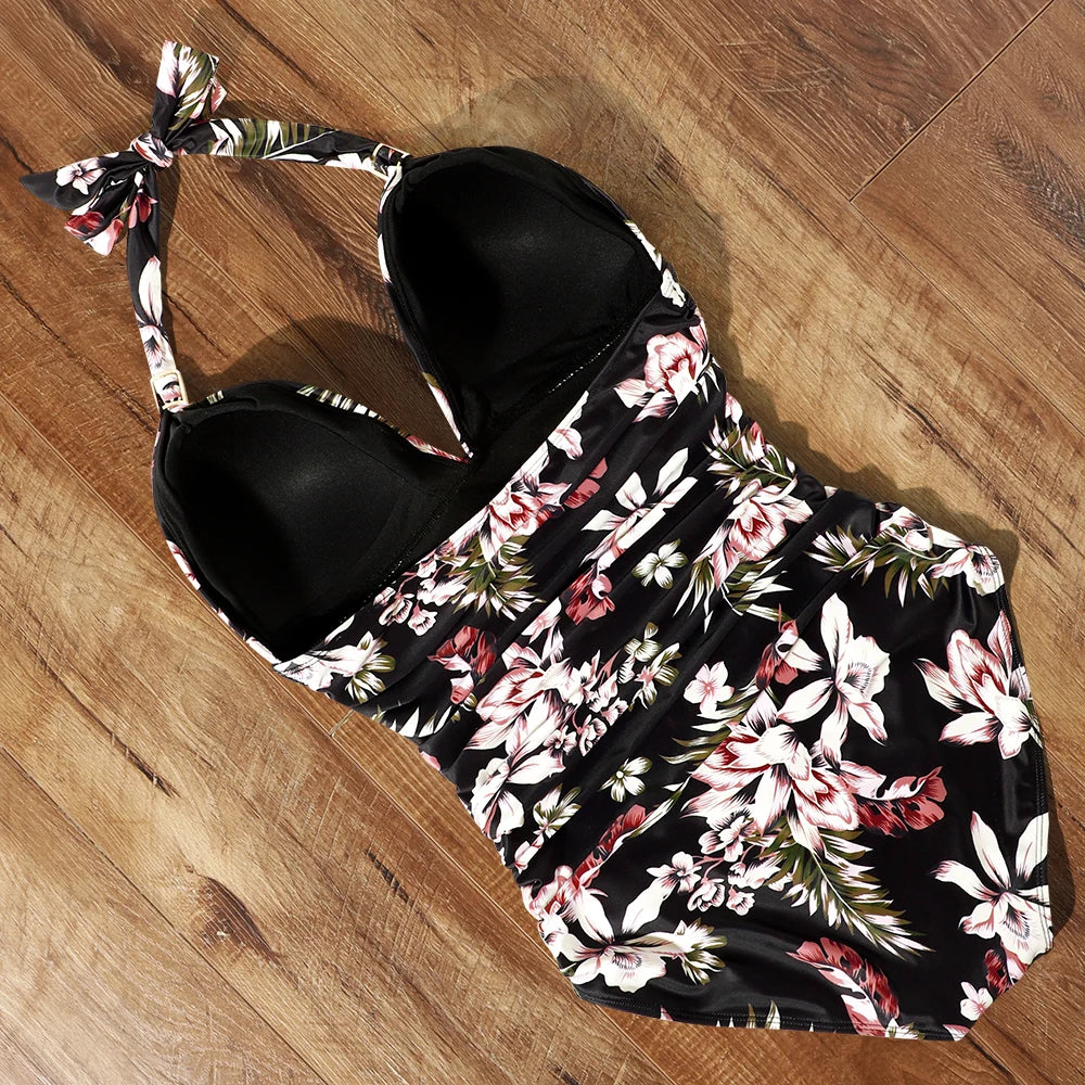 "High-Waist Tankini Bodysuit – Push-Up Halter Swimsuit"