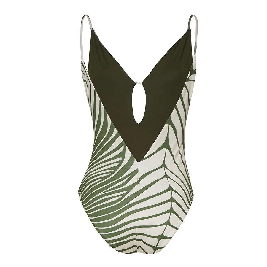 Vintage V Neck Botanical Print Swimsuit | One-Piece Summer Swimwear for Women