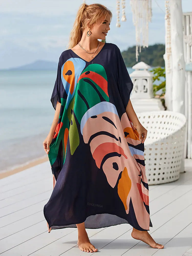 Boho Printed Kaftan Maxi Dress – Flowy V-Neck Cover-Up