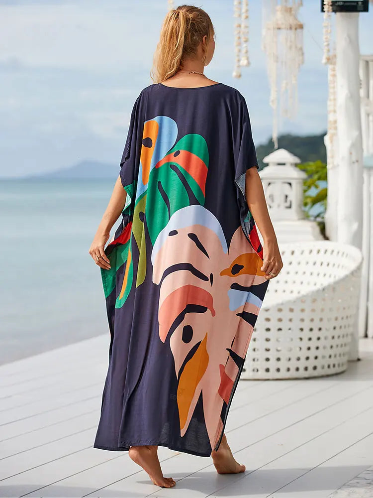 Boho Printed Kaftan Maxi Dress – Flowy V-Neck Cover-Up