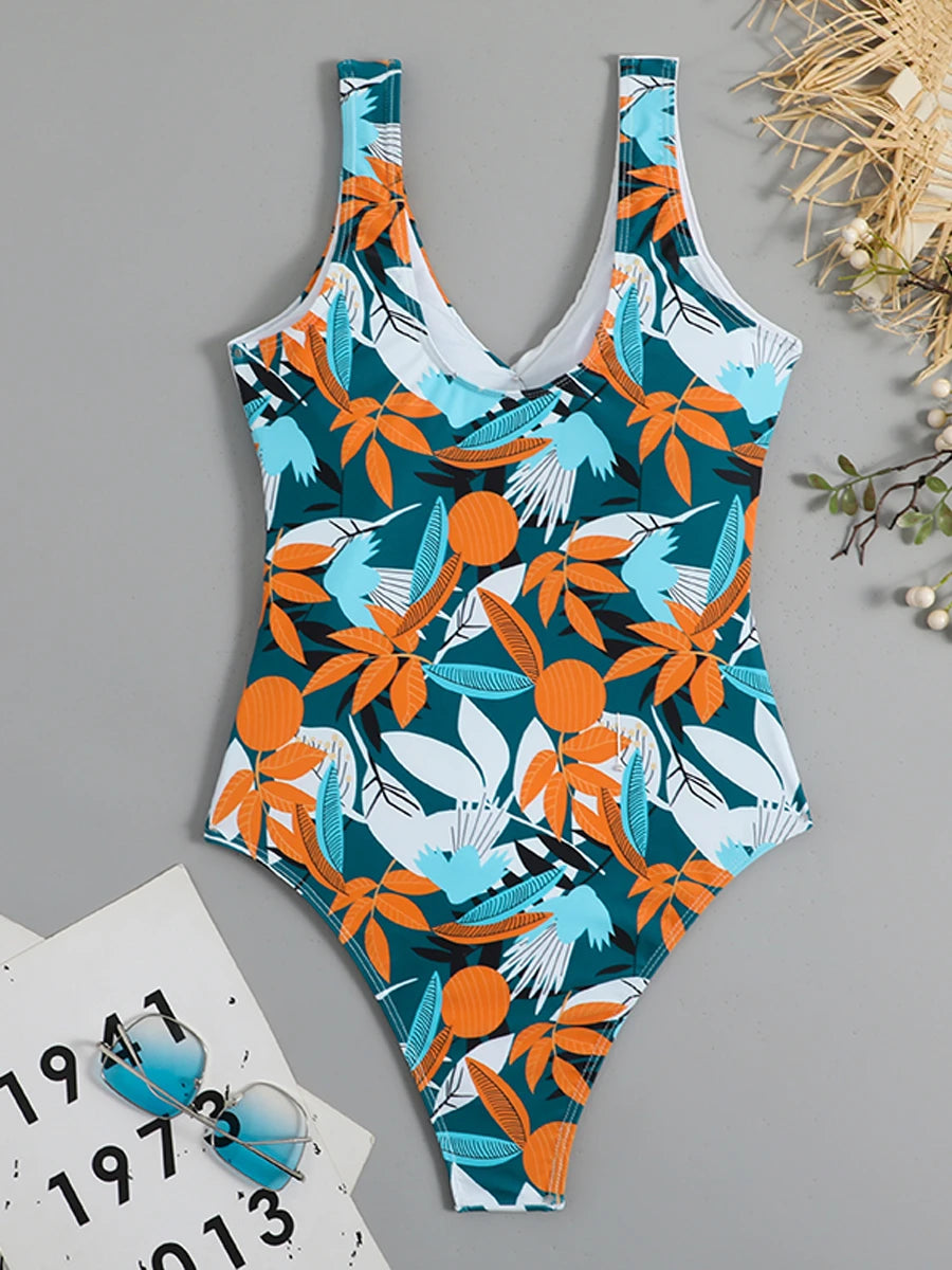 "High-Waist Belted Swimsuit | Tropical Print One-Piece"