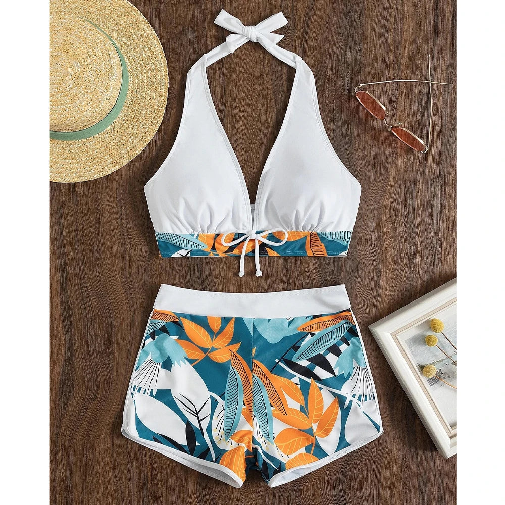 "Printed Halter Bikini Set – High-Waist & Push-Up Swimwear"